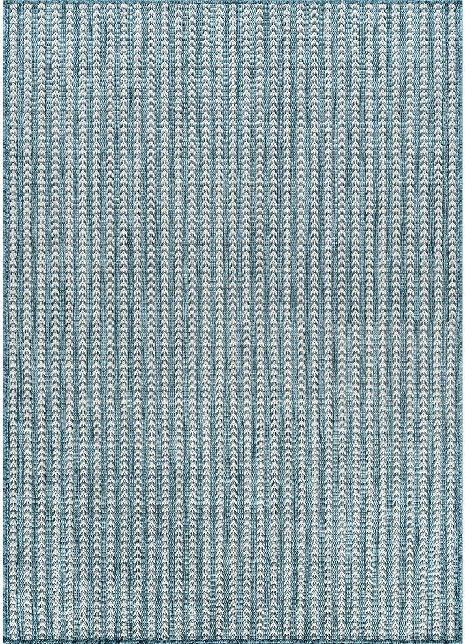 Washable Outdoor Rug 8x10 Modern Area Rugs Outdoor Carpets Striped Pattern Non Shedding Waterproof Easy Clean Patio Deck Porch Living Room Bedroom Garden RV (8 X 10 Aqua)