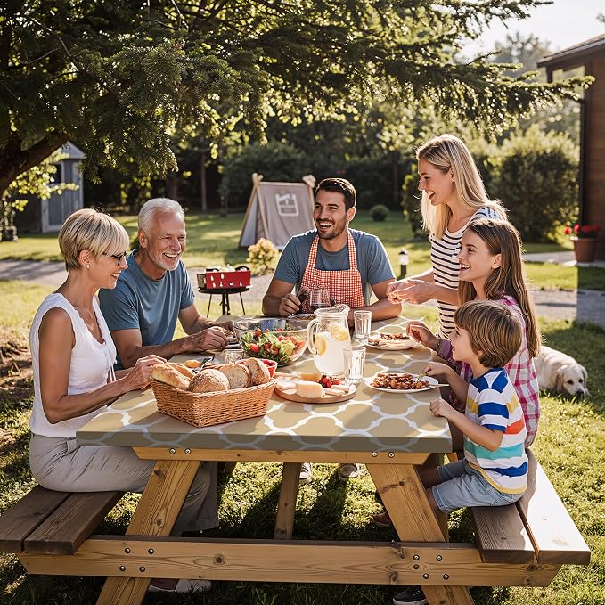 Fitted Waterproof Picnic Table Cover with Bench Covers Elastic Edges Camping Tablecloth for 6 Foot Rectangle Tables Camp Cooking Motorhome Party Equipment Car Rv Travel Trailer Needs Gifts