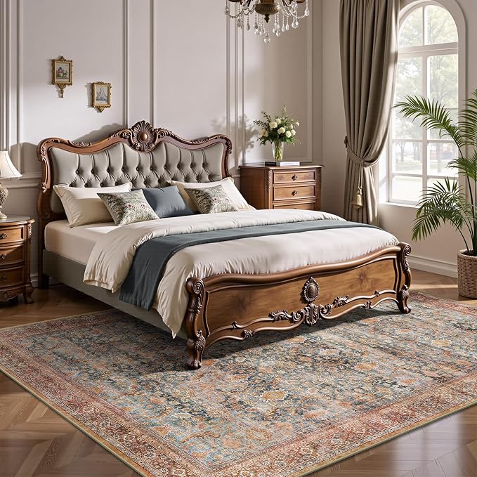 6x9 Area Rugs - Washable Vintage Retro Living Room Rug, Soft Ultra Thin Non Slip Low Pile Traditional Distressed Boho Carpet for Bedroom Dining Room Nursery Home Office, Rust Clay