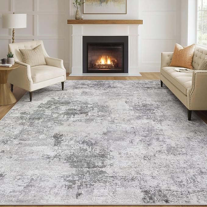Tortania Washable 7x9 Area Rug for Living Room: Modern Abstract Neutral Large Soft Thin Rugs - Non Slip Indoor Carpet for Bedroom Dining Room Office Nursery Home Floor Decoration - Smoky Gray