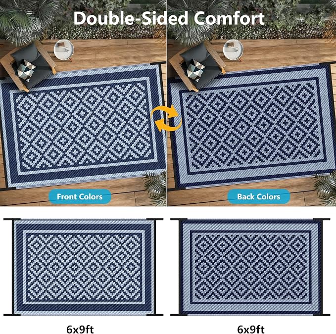 Kohree Outdoor Rug Waterproof 6x9 ft, RV Outdoor Plastic Straw Rug for Patios Clearance,Reversible Area Rug for Camping,Balcony,Deck,Blue