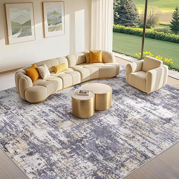 Tortania Area Rug Living Room Rugs - 8x10 Modern Abstract Neutral Large Soft Thin Rugs - Non Slip Indoor Carpet for Bedroom Dining Room Office Nursery Home Floor Decoration - Purple