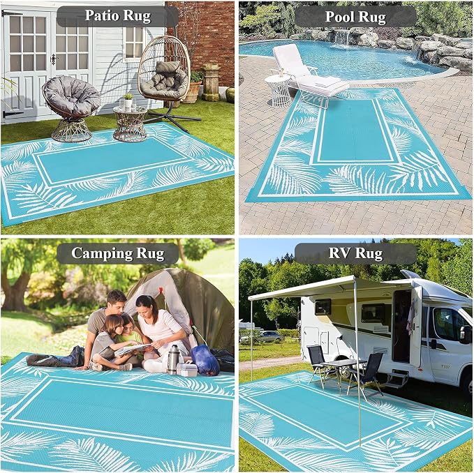 Bsmathom Waterproof Outdoor Rug 9x12ft Large Reversible Boho Plastic Straw Patio Deck Camping Rugs, Indoor Outdoor Portable RV Mat Carpet for Outside, Porch, Balcony, Backyard, Beach, Pool,Teal