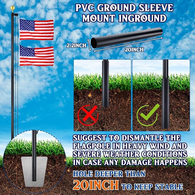FuWeave Flag Poles for Outside House in Ground 20 ft Sectional Flag Pole Kit Extra Thick 16 Gauge Heavy Duty Aluminum Flag Pole with Gold Ball Top for Residential or Commercial(Black)