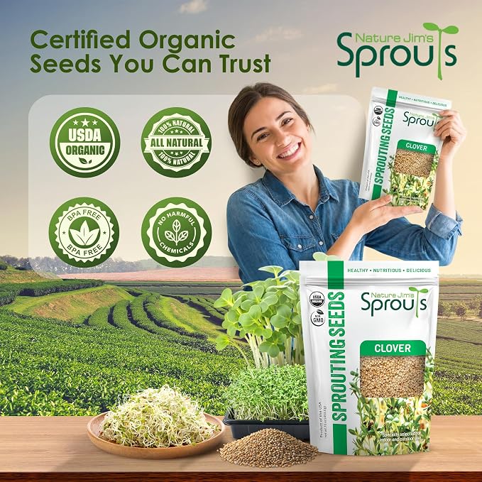 Nature Jims Sprouts Clover Seeds –Organic Non-GMO Sprouting Seeds for Fresh, Nutrient-Rich Seed, Packed with Vitamins, Minerals & Fiber, Ideal for Growing Sprouts and Clover Seed, Reseable Bag, 16 oz