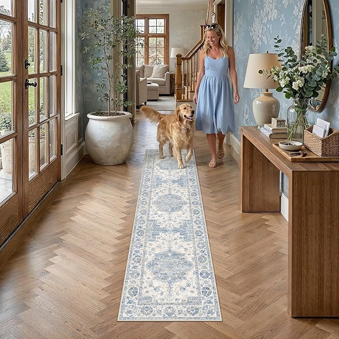 Blue Runner Rug 2x8 Kitchen Vintage Floral Non-Slip Carpet | Machine Washable, Soft, Low Pile, Distressed, for Hallway, Entryway, Laundry Room, Bathroom, Retro Neutral Decor