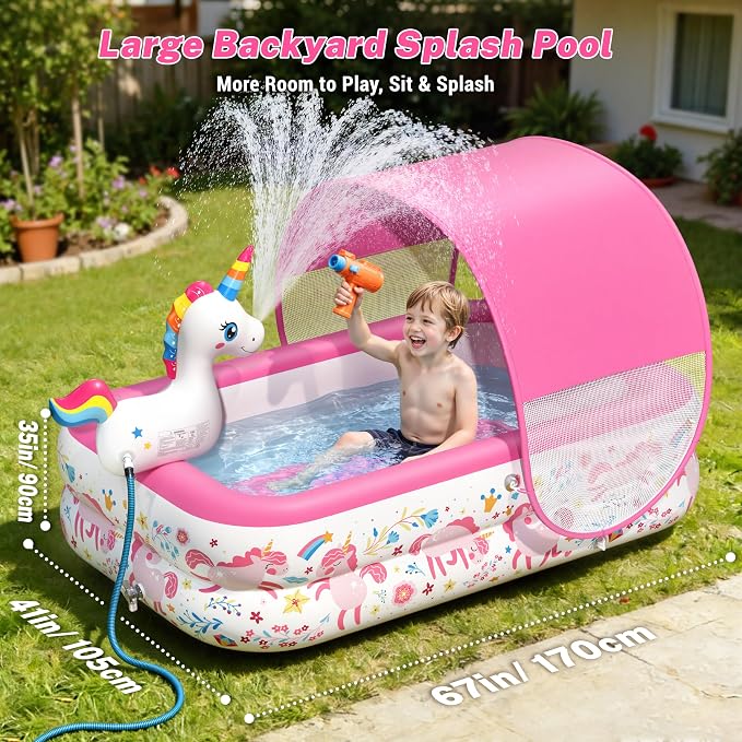 JOSEN Unicorn Kiddie Pool with Canopy and Sprinkler, Inflatable Baby Pool with Soft Cushioned Floor, Portable Toddler Pool Ball Pit for Backyard, Outdoor/Indoor Play Toys Girls Birthday Gift(Pink)
