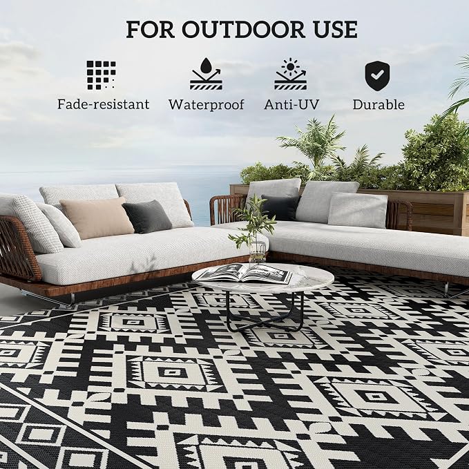 Outsunny Outdoor Rug for Patio, 9' x 18' Waterproof Large Mat, Reversible Plastic Straw Rug for Decor, Portable Outside RV Camping Area Carpet Mat for Backyard Porch Deck Picnic, Black & White Rhombus