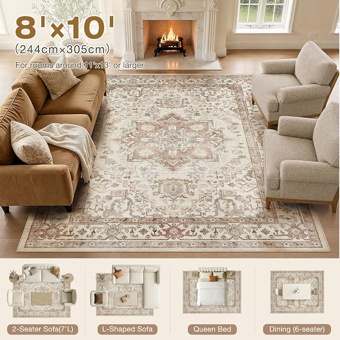 DTICON Vintage Washable 8x10 Area Rug Living Room Rugs, Beige | Boho Distressed, Pet & Kid Friendly, Non-Slip Backing, Soft Polyester, Low-pile Carpet for Living Room, Bedroom, Dining Room