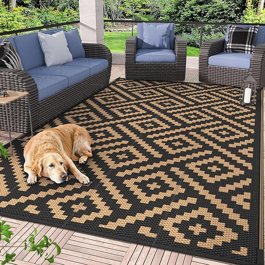 GENIMO Outdoor Rug for Patio Clearance,6'x9' Waterproof Mat,Reversible Plastic Camping Rugs,Rv,Deck,Porch,Camper,Balcony,Backyard (Black & Brown)