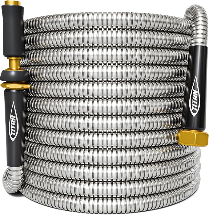 TITAN Garden Hose 15FT - 304 Stainless Steel Metal Water Hose, Flexible, Kink-Free, Lightweight, Durable, Crush Resistant Fittings, Easy to Coil, 500 PSI