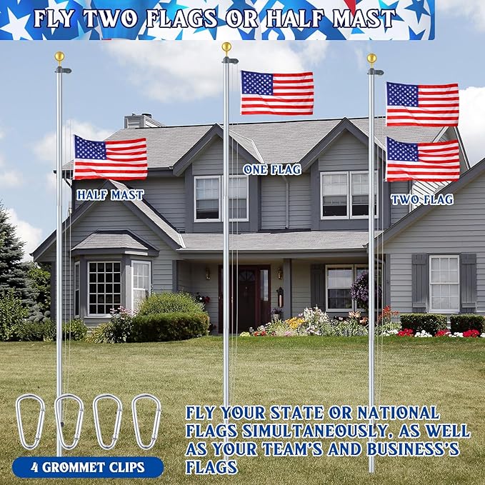 FuWeave Flag Poles for Outside House in Ground 20 ft Sectional Flag Pole Kit Extra Thick 16 Gauge Heavy Duty Aluminum Flag Pole with Gold Ball Top for Residential or Commercial(Silver)