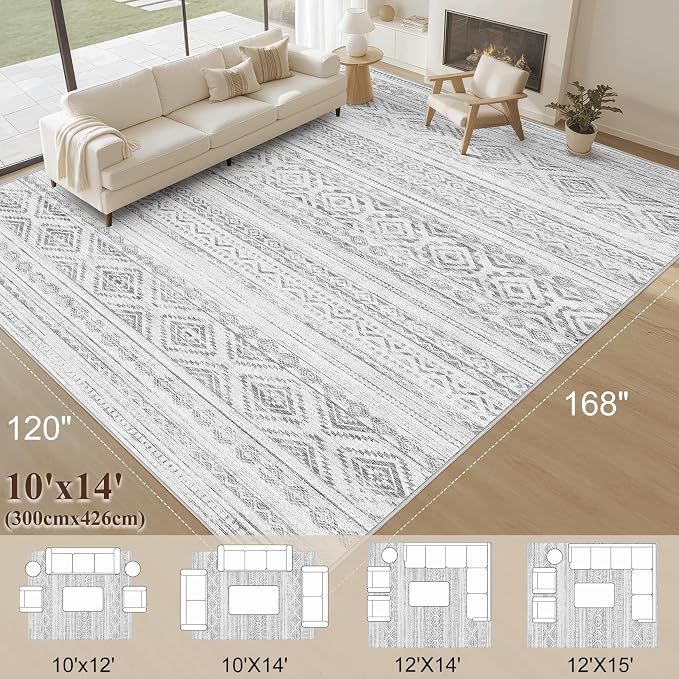 cotiled Boho 10x14 Area Rug for Living Room: Large Moroccan Washable Rug | Solve Modern Neutral Trendy Home Decor - Stain Resistan Carpet for Bedroom Farmhouse Light Grey