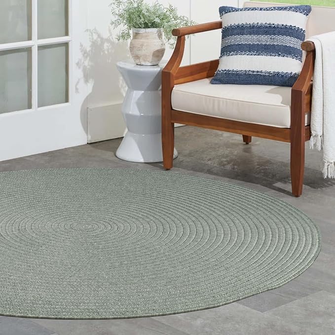 Superior Indoor/Outdoor Area Rug, Reversible Braided Floor Decor for Living Room, Kitchen, Patio, Front Porch, Modern Boho Farmhouse Rugs, Hardwood, Bedroom Accessories, 4' Round, Fog Green