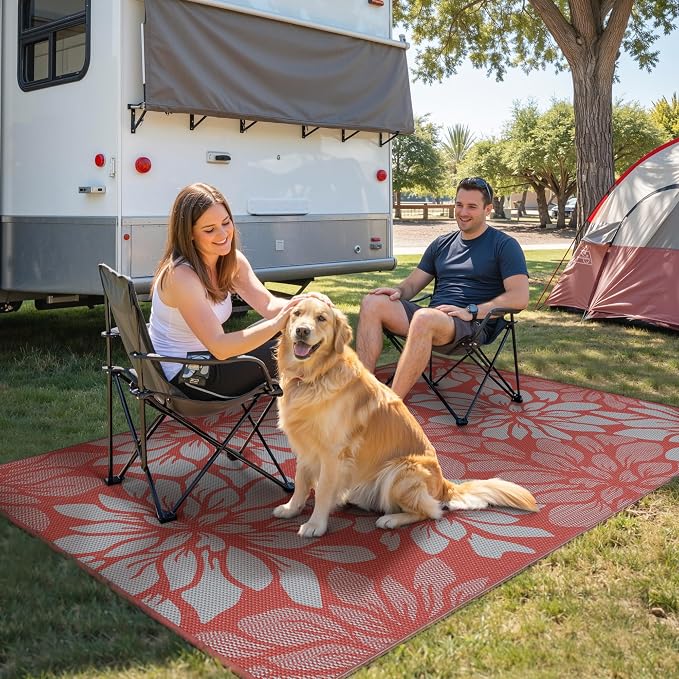 GENIMO Outdoor Rug Waterproof for Patio Decor, 8' x 10' Reversible Plastic Straw Floral Camping Carpet, Large Area Rugs Mats for RV, Camper, Deck, Balcony, Porch, Beach, Picnic, Red & Grey