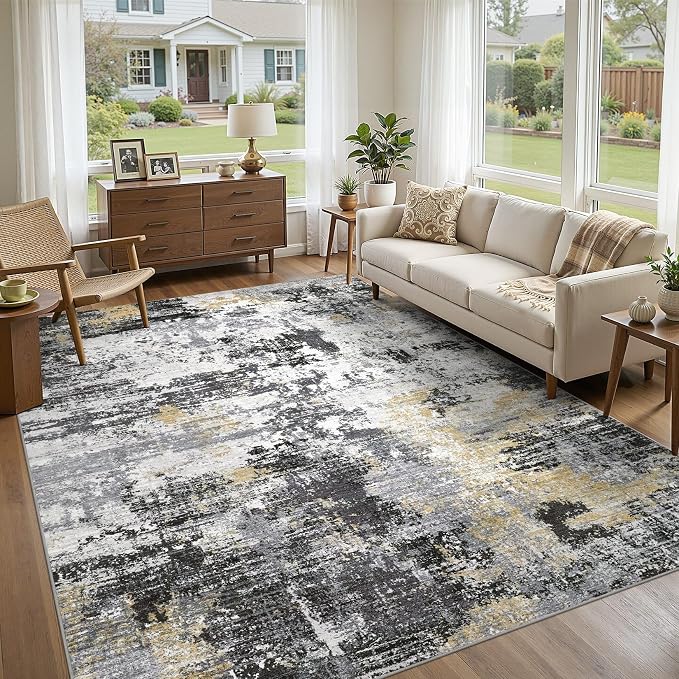 UERMEI 10x12 Area Rug for Living Room - Washable Neutral Modern Abstract Carpet, Non-Slip Soft Large Indoor Floor Rugs for Bedroom Home Office & Under Dining Table Decor, Black/White/Gold