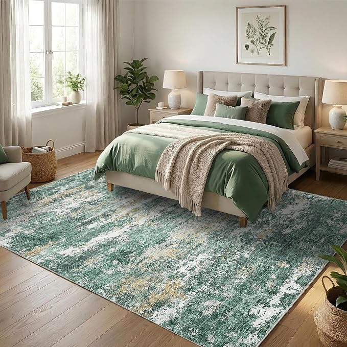 ROYHOME 9x12 Rugs for Bedroom Abstract Area Rugs Living Room, Green | Machine Washable Indoor Large Floor Carpet with Non Slip Backing Stain Resistant