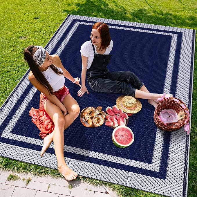 KMAT Outdoor Rug, Waterproof Reversible Patio Rugs, 6x9ft Large Outdoor Area Rug Foldable Plastic Camping Rugs for Outside RV, Patio,Picnic,Camper,Balcony,Porch (Blue &White)