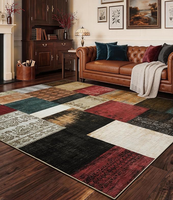 Mid Century Modern Cowboy Area Rug 5x7 for Living Room,Retro Patchwork Rug Non Slip,Red and Brown Floral Farmhouse Rugs Washable, Geometric Boho Area Rug for Kitchen,Dining Room,Bedroom
