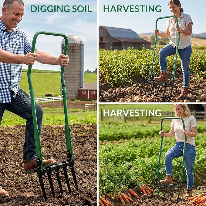 BroadFork Garden Tool, Heavy Duty 5-Tine Broad Fork Hand Tiller, Garden Pitchfork with Ergonomic U-Shaped Handle, Digging Fork for Gardening, Cultivating