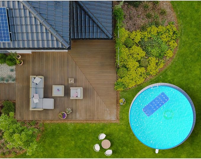 Steel Wall Pool Round Choice of Sizes 120 cm Deep Steel 0.4 mm Anthracite Foil 0.4 mm Blue Hanging Piping 450