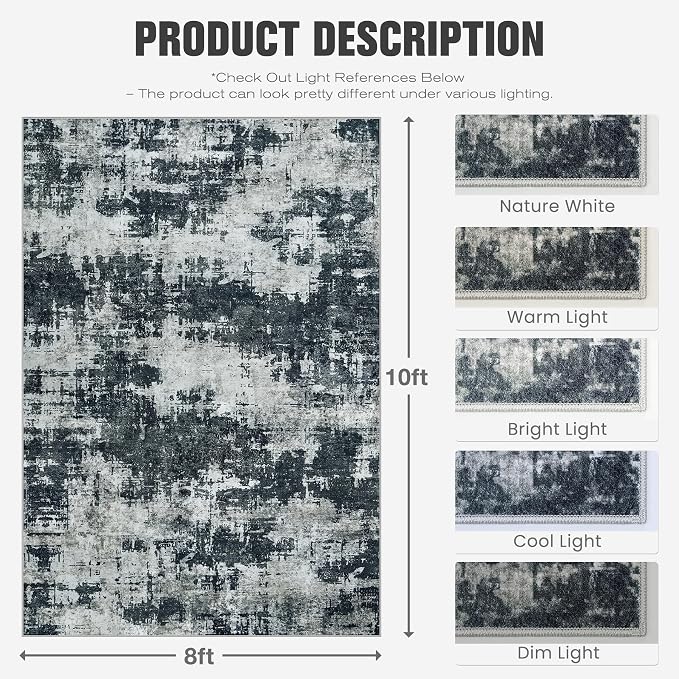 8x10 Area Rugs for Living Room: Washable Soft Black Abstract Bedroom Carpet | Non-Slip TPE & Stain Resistant,0.25" Low-Pile,Kids Pet Friendly Modern Decor for Dining Room Farmhouse Office, Non-Shedding