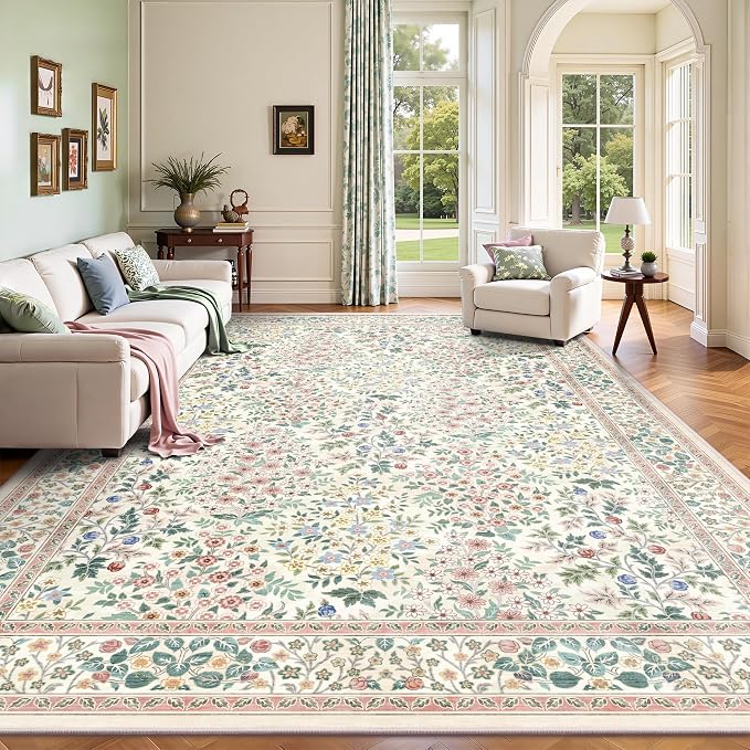 9x12 Area Rugs, Machine Washable Low Pile Floral Rugs for Living Room, Bedroom, Large Boho Area Rug with Non-Slip Backing for Dining Room(Pink Floral)