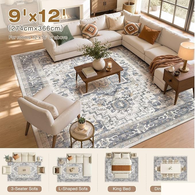 DTICON Vintage Washable 9x12 Area Rug Living Room Rugs, Light Blue | Boho Distressed, Pet & Kid Friendly, Non-Slip Backing, Soft Polyester, Low-pile Carpet for Living Room, Bedroom, Dining Room