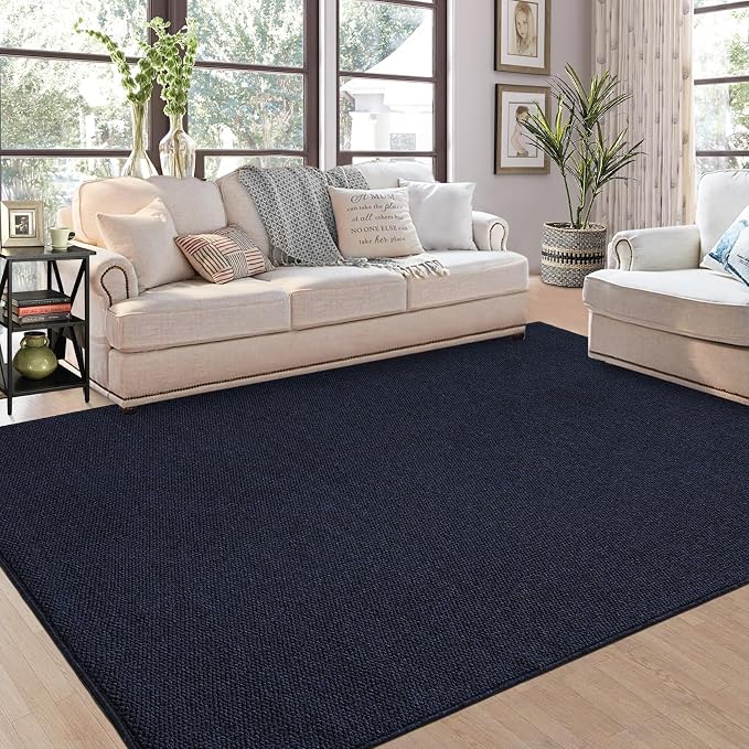 Garvee Textured Living Room Rugs 8x10 Solid Color Washable Area Rug, Navy | Non Slip Backing Modern Stain Resistant Non Shedding Low Pile Neutral Weaving Soft Rug for Bedroom Dining Room Nursery