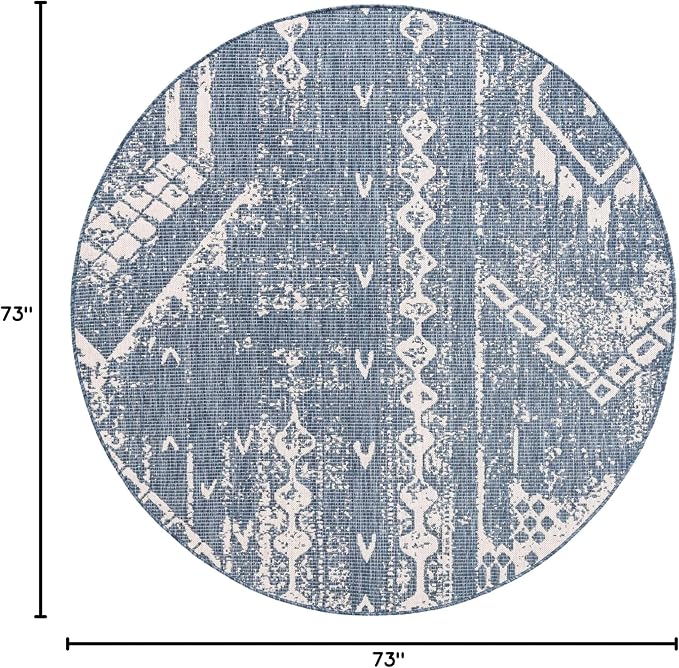 Unique Loom Outdoor Bohemian Collection Area Rug - Anthro (6' 1" Round, Blue/ Ivory)