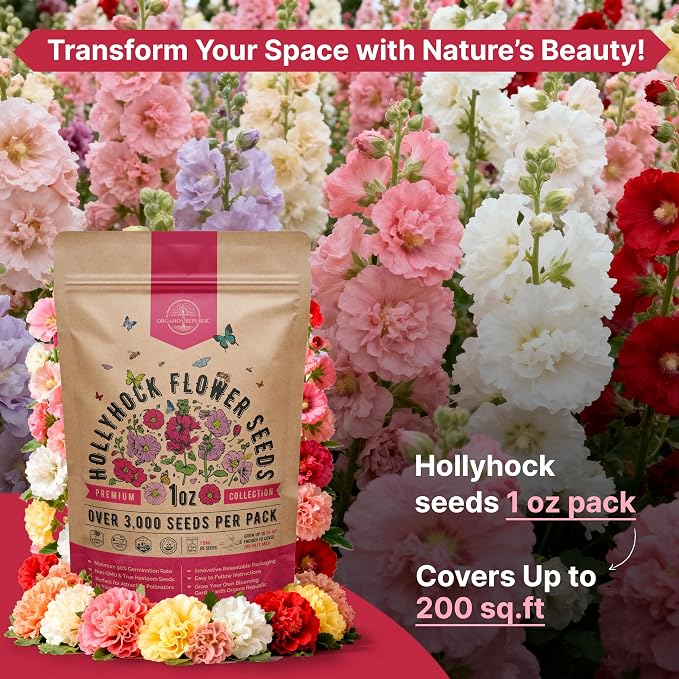 Hollyhock Flower Seeds Pack 1 oz - Over 3,000 Non-GMO Heirloom Hollyhock Seeds for Planting Indoor & Outdoor Gardening, Flower Seed for Home and Garden in Individual Packet, Floral Perennial Mix
