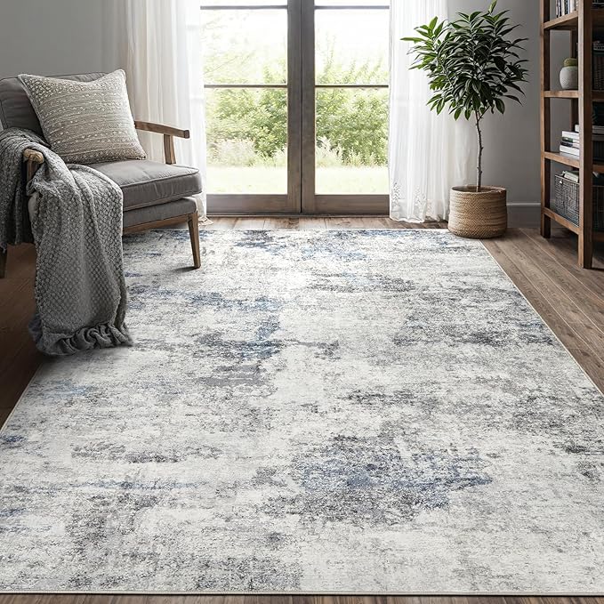 DMOYEST 5x7 Area Rug for Living Room Washable Abstract Indoor Carpet | Neutral Modern Low Pile Rugs Kid & Pet Friendly Soft Thin Carpet for Bedroom Dining Room and Office - Grey Blue
