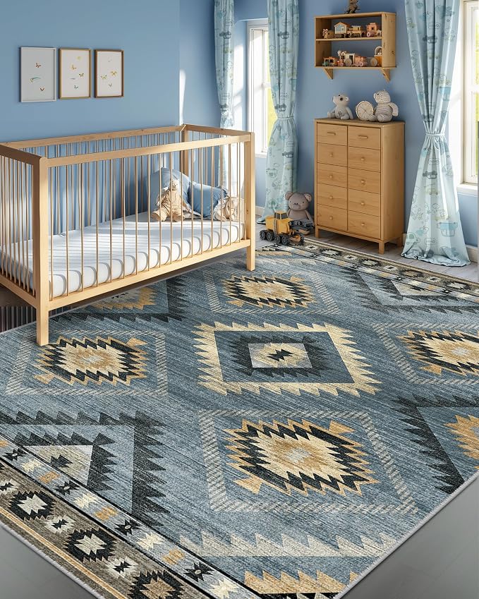 5'x7' Washable Area Rug for Living Room Bedroom Navy/Grey | Soft Western No Slip Low Pile Print Foldable Indoor for Kitchen Dining Room