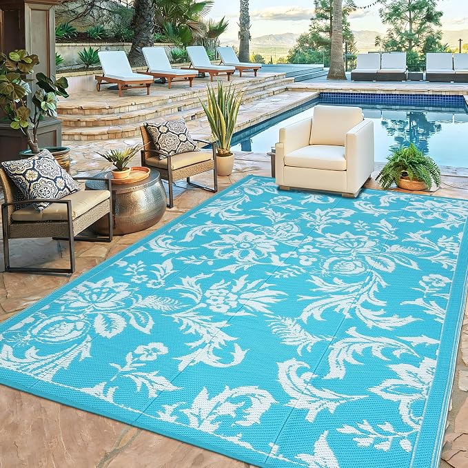 IDEALHOUSE Waterproof Outdoor Rug 9x12 for Patio, Foldable Reversible Area Rug, Large Plastic Straw Mat for Camping, RV, Porch, Backyard, Picnic, Beach, Light Blue & White