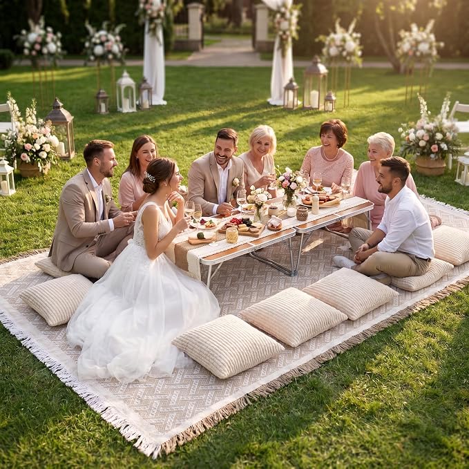 12 Pcs Extra Large Outdoor Boho Picnic Blanket 91'' x 71'' Folding Camping Table Beige White Table Runner 8 Throw Pillow with Pillow Cores Woven Cotton Yarn for Camping Garden Beach Wedding
