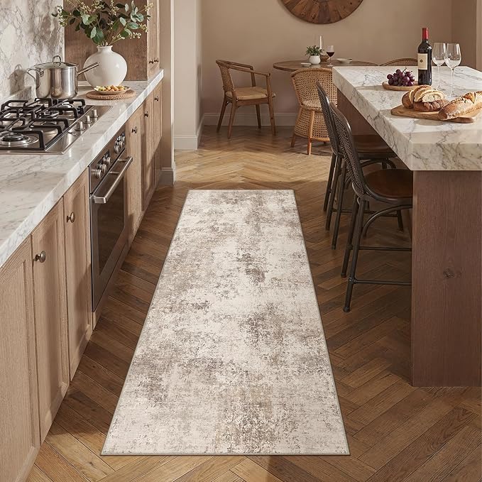 2x6 Brown Modern Abstract Washable Runner Rug for Hallway | Low Pile, Non Slip, Modern Abstract Style, Soft Hallway Runner Rug for Kitchen, Entryway, Laundry Room, Home Decor
