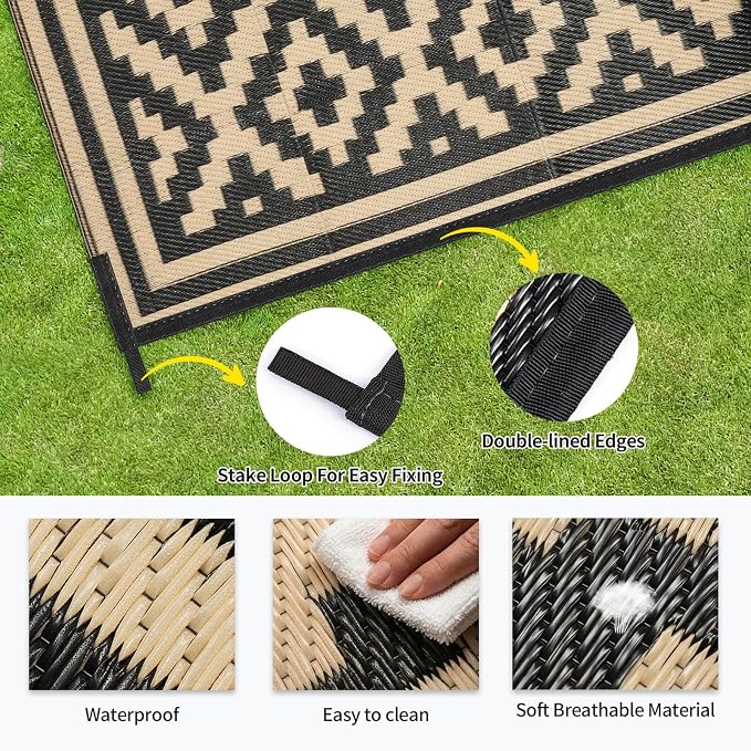 Outdoor Patio Plastic Straw Rug - 5x8 ft Outdoor Camping Rug Waterproof Reversible, Area Carpet Patios RV, Outside Porch Balcony Deck for Camper, Stripe Black Brown