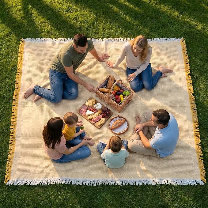 70"x 70" Picnic Blanket Extra Large,Layer Outdoor Blanket for 5 to 7 Adults,Camping Grass Lawn Park Accessories Cute Couple Gifts Ideas Wedding Registry for Park, Beach (Yellow)