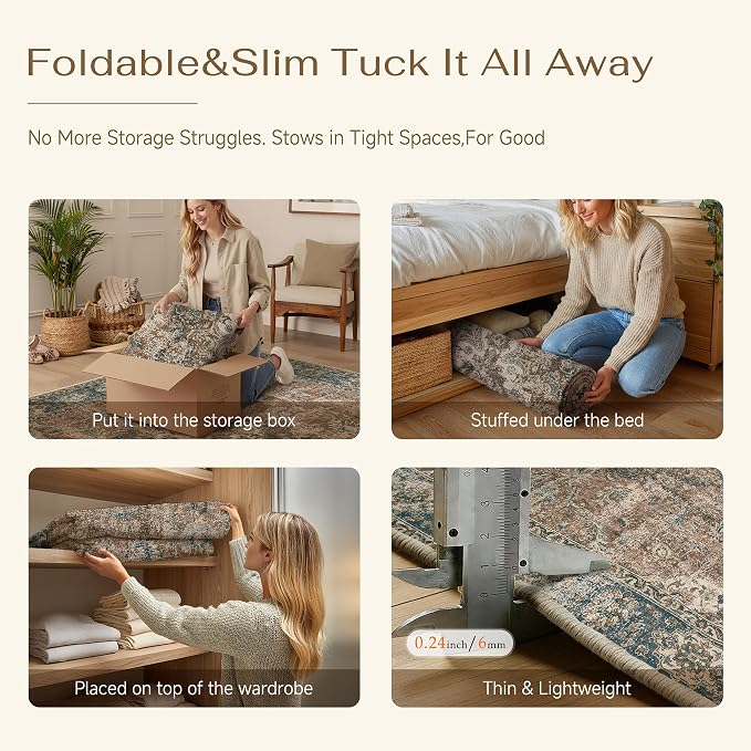 HUGEAR 2x3 Entryway Area Rug Retro Blue Brown Small Rug Machine Washable Door Mat Vintage Floral Low Pile Carpet Distressed Throw Rug Entrance Kitchen Bedroom Non Slip Soft Lightweight