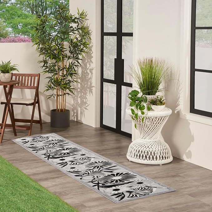 Nourison Home Aloha Black White 2'3" x 12' Area Rug - Easy Clean, Non Shedding, Bed Room, Living Room, Dining Room, Kitchen (12' Runner)