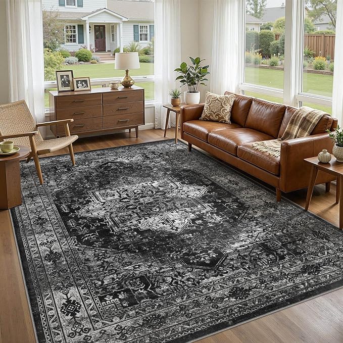 UERMEI 8x10 Area Rug Living Room Rugs - Washable Vintage Soft Large Rug Indoor Floor No Slip Rug Carpet for Bedroom Farmhouse Under Dining Table Home Office Decor - Black