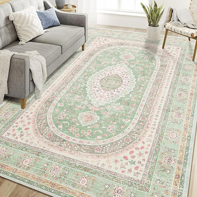 6x9 Area Rugs Washable,Large Green Rug for Living Room Bedroom | Boho Vintage Bohemian Distressed Oriental Carpet Non Slip,Sage Blush Floral