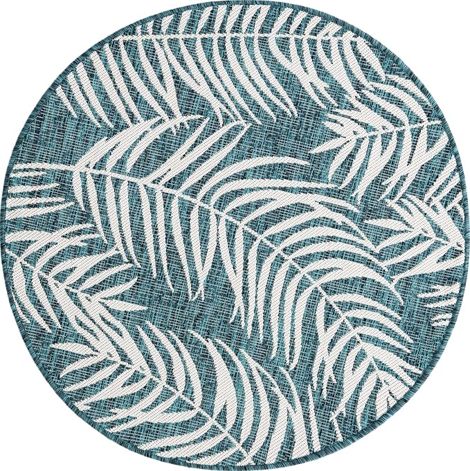 Unique Loom Outdoor Botanical Collection Area Rug - Palm (4' 1" Round, Teal/ Ivory)
