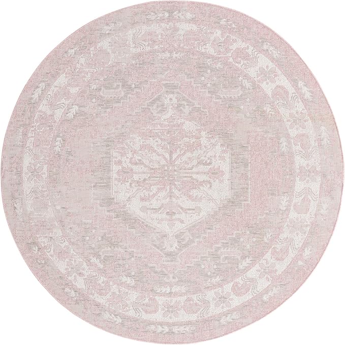 Unique Loom Outdoor Traditional Collection Area Rug - Valeria (7' 10" Round, Pink/ Ivory)