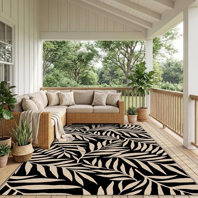 Smiry Outdoor Rug 5x8 ft, Waterproof Reversible Plastic Straw Rugs, Outdoor Area Rug with Leaf Pattern, Outside Floor Mat for Patio, Backyard, Deck, Picnic, Beach, Camping, Black & Beige