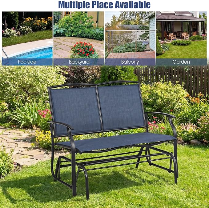 Giantex Outdoor Glider Bench, Patio Glider Bench for Outside, Steel Frame, 400 Lbs Capacity, Ergonomic Swing Rocking Chair Loveseat, 2-Person Porch Swing Rocker for Backyard, Lawn, Balcony, Dark Blue