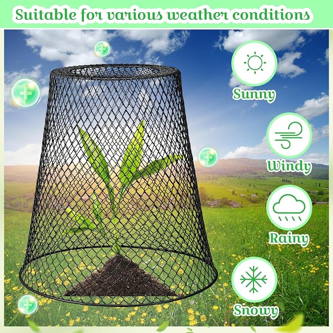 Therwen 15 Pcs Large Plant Wire Cloche 11 x 12 Inch Metal Garden Cloche with Garden Stakes Plant Protector from Animals for Keeping Bunnies Chicken Squirrels Birds (Black)