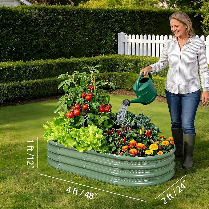 Gartist 2 Pack Raised Garden Bed Kits, 4x2x1FT Green Oval Galvanized Outdoor Planter Beds, Easy Assembly Metal Raised Bed for Vegetables, Flowers & Herbs