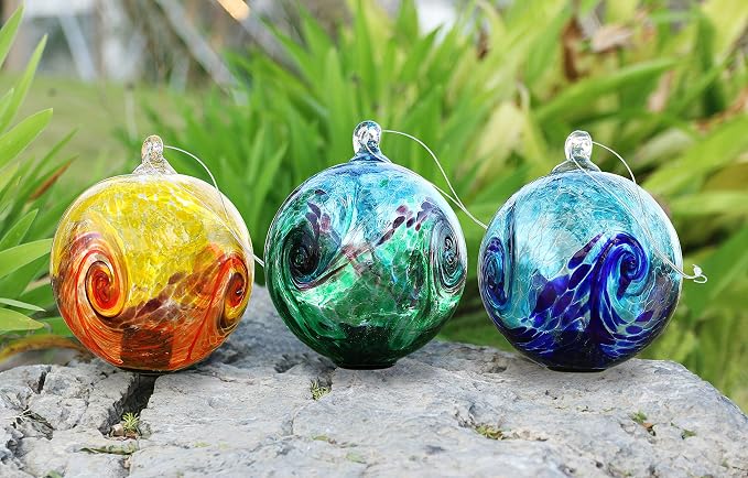 Artisan Crafts and Design 4.6-Inch Solar Hanging Glass Gazing Ball Outdoor Garden Décor Aqua-Green Swirl