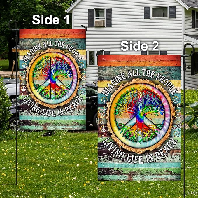 American Flag-Peace Sign Hippie Imagine All The People Living Life In Peace TPT597F, Garden Flag 11.5" x 17.5"-USA Premium Polyester-Decorative Indoor Outdoor Flags